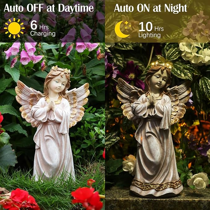 Angel Garden Statue,Memory Guardian Solar Garden Decor with Warm Light,Waterproof Praying Angel Statue with Garland,Outdoor Garden Decor Sculpture for Lawn Yard Patio,Sympathy Gift,Apricot Pink