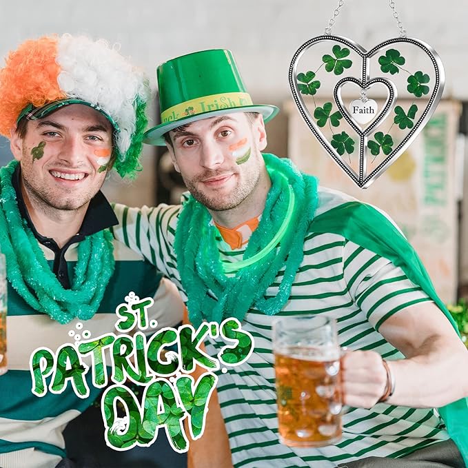 KY&BOSAM Shamrock Heart Suncatcher Faith Suncatcher St Patrick's Day Decoration Grandma Gifts for Windows Hangings Wind Chime with Pressed Flower Gifts for Mom Mother`s Day Valentine's