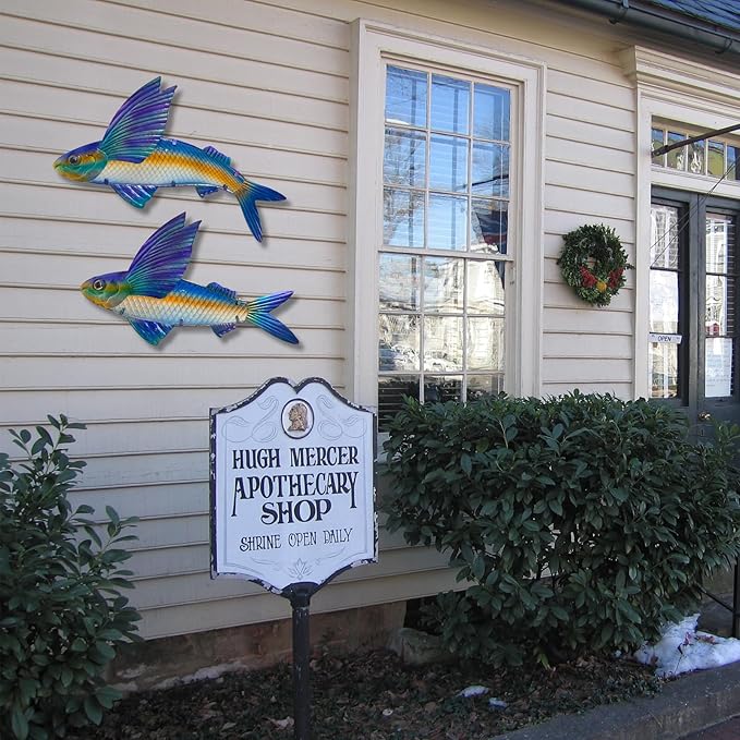 LIFFY Metal Fish Wall Decor -Outdoor Metal Fish Wall Decor - Indoor Art Sculpture - Hanging Decorations for Home, Garden, Bedroom, Sculptures, Ocean, Pool(Flying Fish Set 2,15 inch)