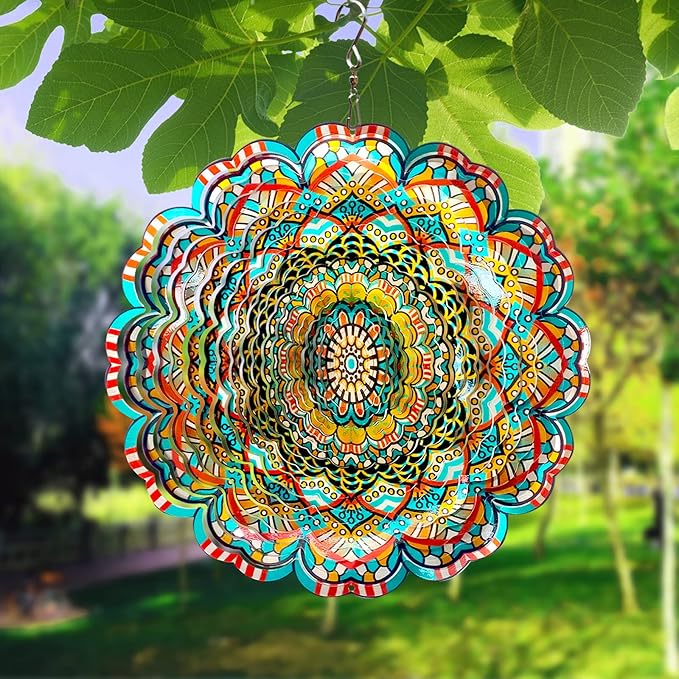 Wind Spinner Lucky Star Mandala Wind Spinners for Garden Yard Hanging Wind Sculptures Create Zen Atmosphere. Kinetic Metal Art Decoration Indoor/Outdoor Decor Mandala Gift for Mom Wife Woman