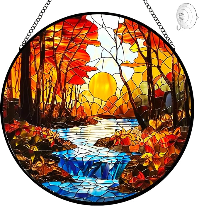 Sunset Suncatcher Stained Glass Window Hanging - Sun Catchers Indoor Window Decorations with Tree and River - Sunset Scenery Window hangings with Hooks - Valentines Day Gifts for Him Her Women Men
