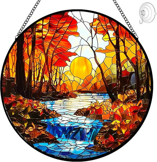 Sunset Suncatcher Stained Glass Window Hanging - Sun Catchers Indoor Window Decorations with Tree and River - Sunset Scenery Window hangings with Hooks - Valentines Day Gifts for Him Her Women Men