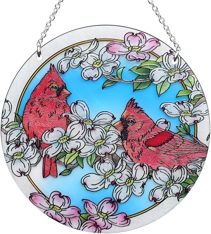 Cardinal Stained Glass Suncathers Window Hangings Color Glass Suncathers 6 inch Cardinal Colorful Glass Panel Sun Catchers for Cardinal Gifts, Home Garden Christmas Party Wedding Décor
