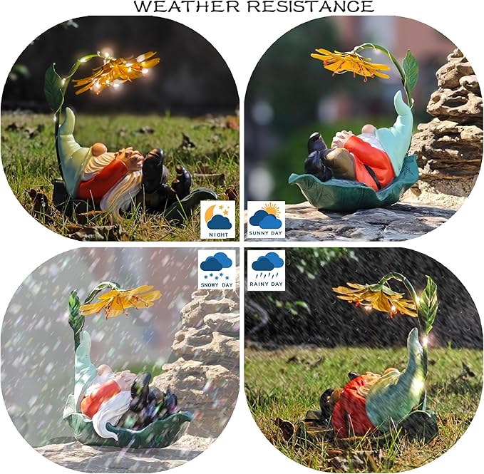 Solar Powered Gnome Garden Statue - Resin Gnome on Green Leaf with Large Yellow Stamen Sunshade, LED Lights Decorations, for Women Men, Outdoor Decor Ornaments for Outside