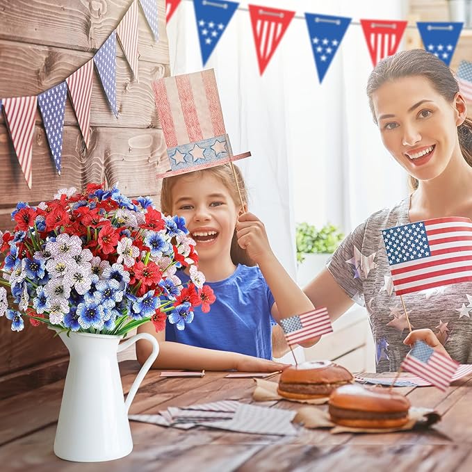 24 Bundles Artificial Flowers for Outdoor,No Fade Fake Plastic Flowers for Garden Porch Window Box Home,Red White Blue Faux Plants for 4th of July Memorial Day Independence Day Patriotic Decor