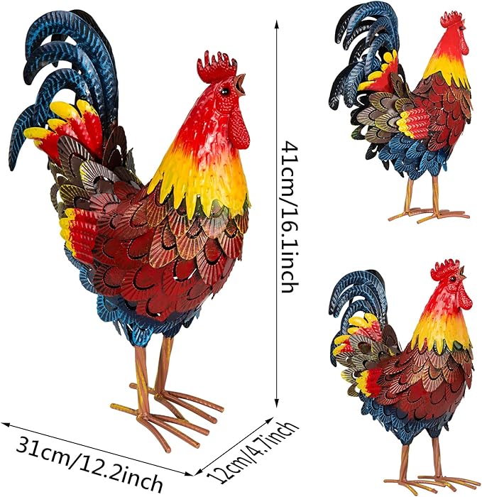 XONOR Metal Rooster Statues, Garden Chicken Decorations, Outdoor Chicken Sculpture, Metal Yard Rooster Artwork for Outdoor, Patio, Backyard and Home Kitchen Decoration (1pc, Blue Red)