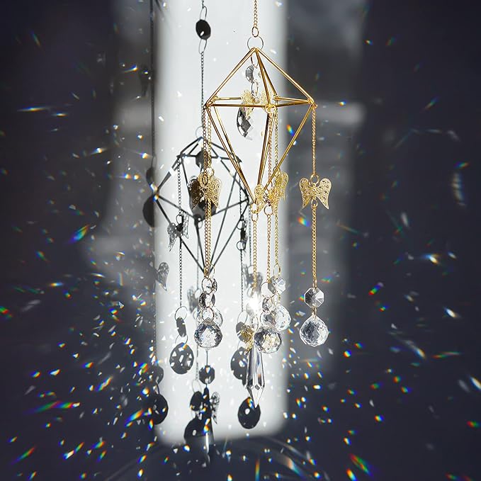 Sun Catchers with Crystals Indoor Window, Handmade Gold Plated Angel Suncatcher, Wind Chime Rainbow Maker Pendant