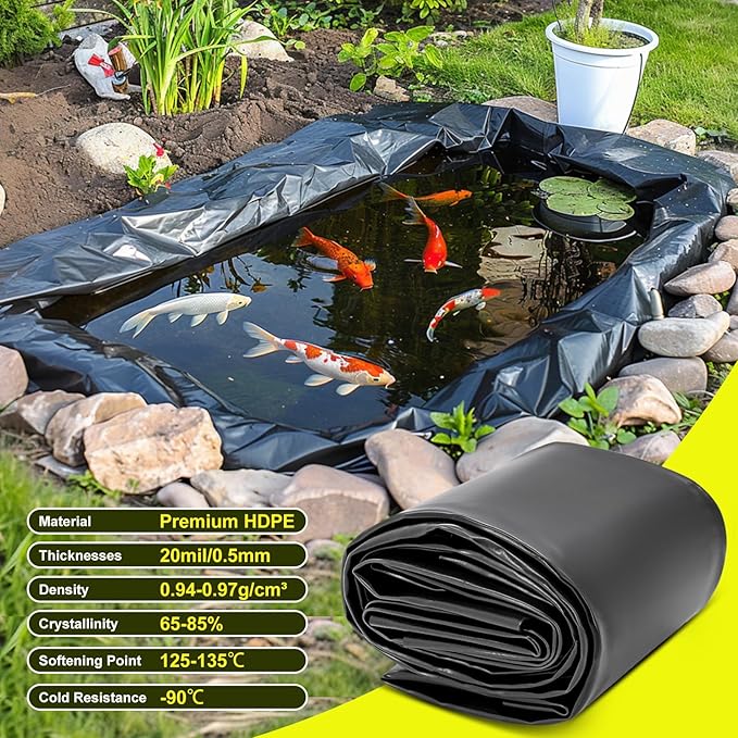20 x 25 FT Pond Liner, 20 Mil Pond Liners for Outdoor Ponds, HDPE Pond Liner Easy Cutting Puncture Resistant, Pond Liners for Water Garden Fountain Waterfall, Koi Fish Aquaculture Pond