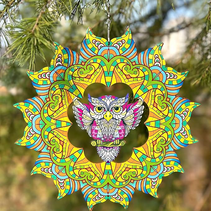 Wind Spinner Colorful Owl 12 inch 3D Stainless Steel Laser Cut Metal Double Sided Printing-Hanging Indoor/Outdoor Decorations Yard Gardening Decor,Metal Kinetic Art Ornament Gifts