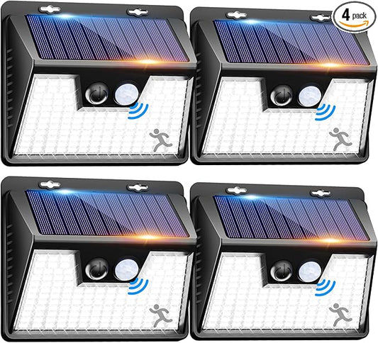 Peasur Solar Lights Outdoor Waterproof, 4 Pack 140LED Motion Sensor Light, 3 Modes Solar Powered Fence Security Lights for Patio Step Deck House Outside(Cool White)
