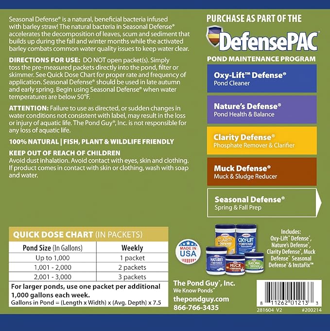 The Pond Guy Seasonal Defense, Spring & Fall Beneficial Bacteria, Barley & Enzymes, Cold Water Pond Sludge & Scum Treatment, Fish & Plant Safe, 24 Packets