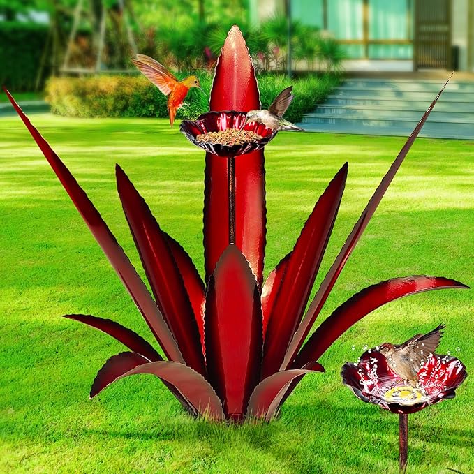 Upgraded Large Metal Yard Art, Metal Agave Plant Yard Decorations Outdoor Sculpture, Metal Flowers for Outside, Waterproof Outdoor Garden Decor (Red + Bird Feeder)