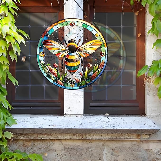 RIVEENY Bumblebee Stained Glass Window Hangings,8''Bee Suncatcher Stained Glass Window Panel Gift for Christmas Anniversary Birthday Mother's Day
