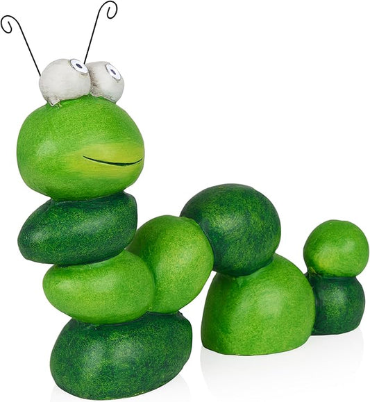 Alpine Corporation YEN608SLR Caterpillar Statue with Light Up Eyes, Solar Powered LED Caterpillar Garden Statue, 16" H, Green
