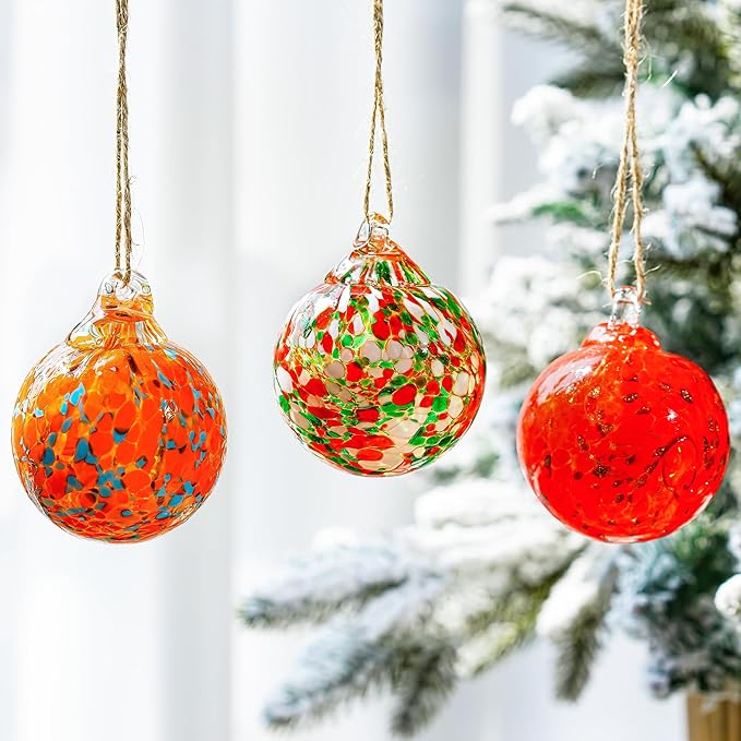 Set of 3 Blown Glass Christmas Ornament Balls for Christmas Tree Decor Glass Gazing Balls for Garden Patio Decor Glass Hanging Xmas Ornament Balls Gifted Box
