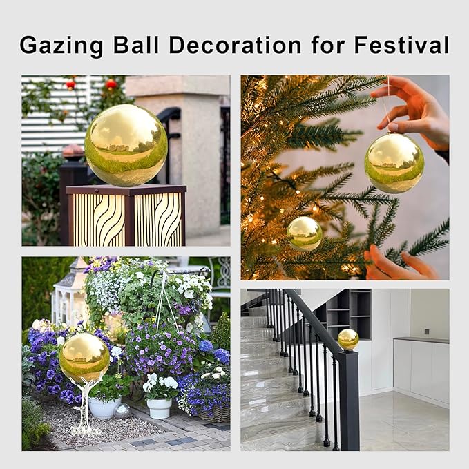 Nerien Gazing Ball, Stainless Steel Garden Mirror Globe, Polished Ornament Sphere, Hollow Floating Reflective Hemisphere, for Home Outdoor Pond Housewarming Swimming Pool Decoration, Gold, 8Pcs