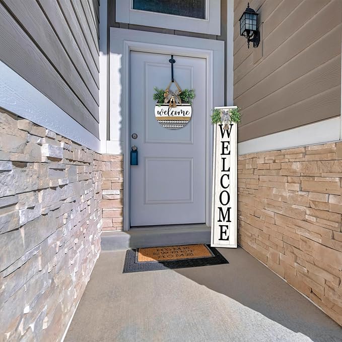 Welcome Sign for Front porch Standing 45"X9"Large Wood Frame Outdoor Tall Welcome Signs Vertical Decor for Farmhouse Rustic Home Modern Outside Front Door Wall Decorations (White)