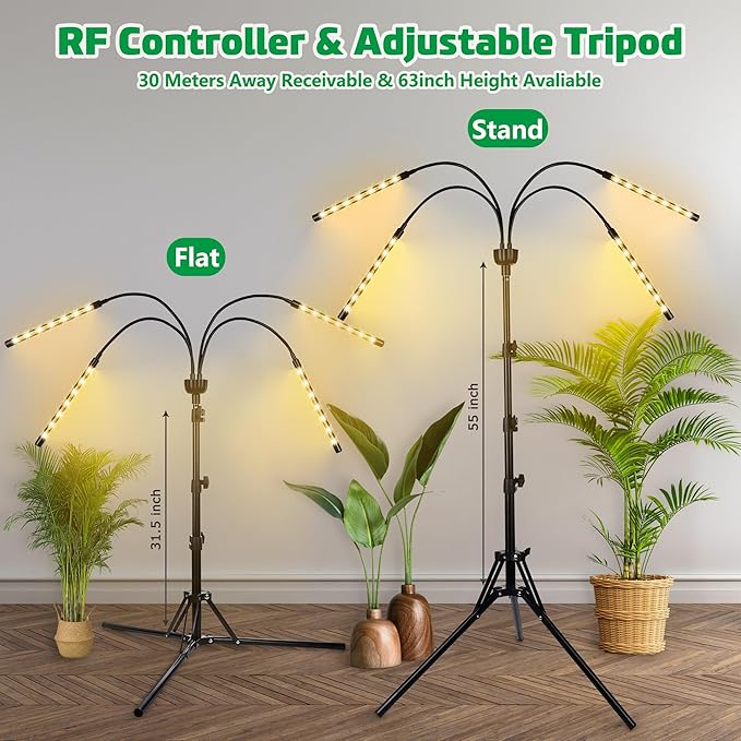 LED Grow Lights for Indoor Plants Full Spectrum with 15-63 inches Adjustable Tripod Stand, Red Blue White Floor Grow Lamp with 4/8/12H Timer with Remote Control