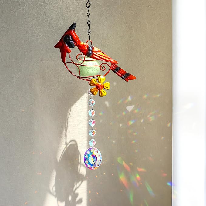 13inch Stained Metal Cardinal Birds Sun Catcher Decorative Window Hanging Ornament Crystals Prism Suncathers Red Bird for Home Garden Decor