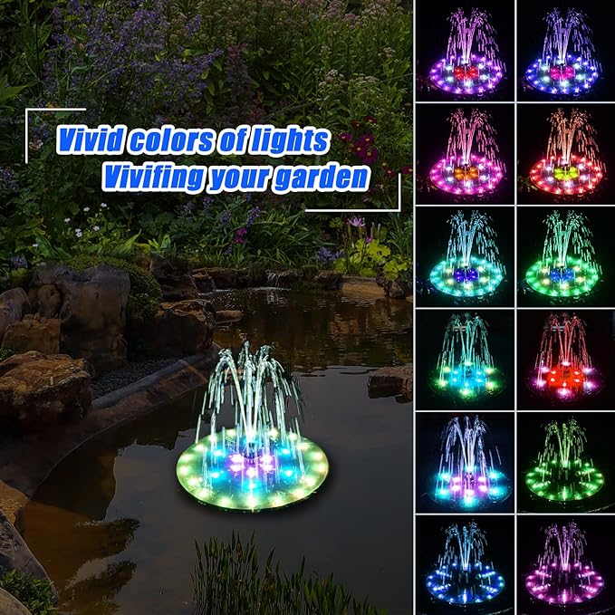 Solar Bird Bath Fountains Upgraded, 4W Solar Powered Water Fountain Pump with 4000 Battery, 7 Nozzles & 4 Fixers, Colorful LED Lights for Garden, Swimming Pool, Pond, and Outdoor Decor