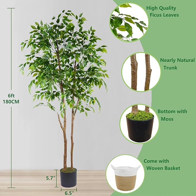 Artificial Ficus Tree, 6ft Tall Fake Ficus Tree with Basket, Faux Plant for Indoor Outdoor Home Livingroom Office Garden Porch Décor
