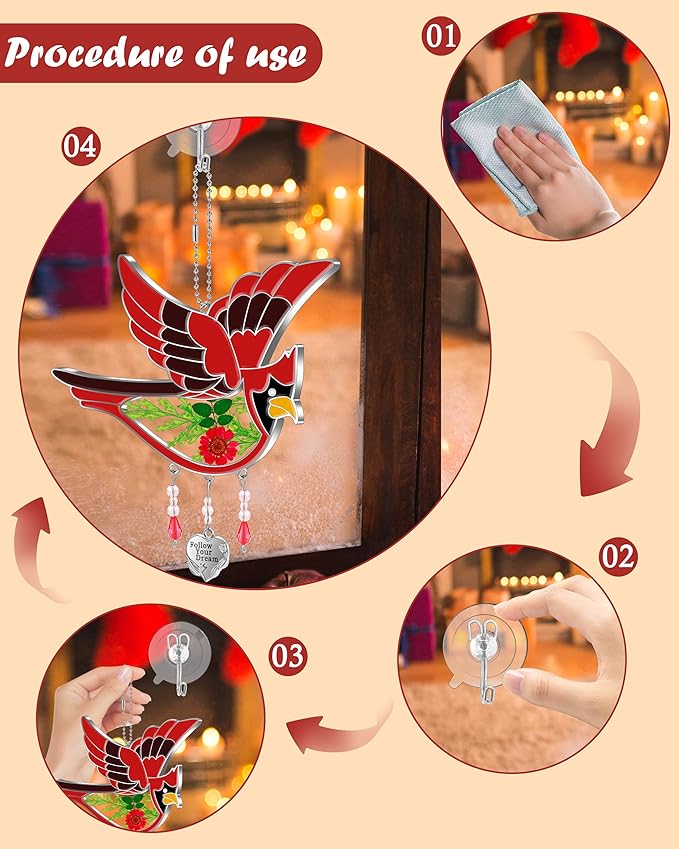 KY&BOSAM Follow Your Dream Cardinal Suncatcher Glass Panels Suncatchers Pressed Real Flower Wings in Glass Suncatchers Birthday Mother`s Day Ornament for Windows with Heart Charm
