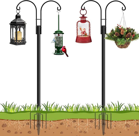 Ottsuls Bird Feeder Pole, 2 Pack 76 INCH Double Shepherds Hooks for Outdoor, Garden Pole with 5 Base Prongs Heavy Duty Planter Hooks for Hanging Plant Baskets, Lantern, Hummingbird Feeder