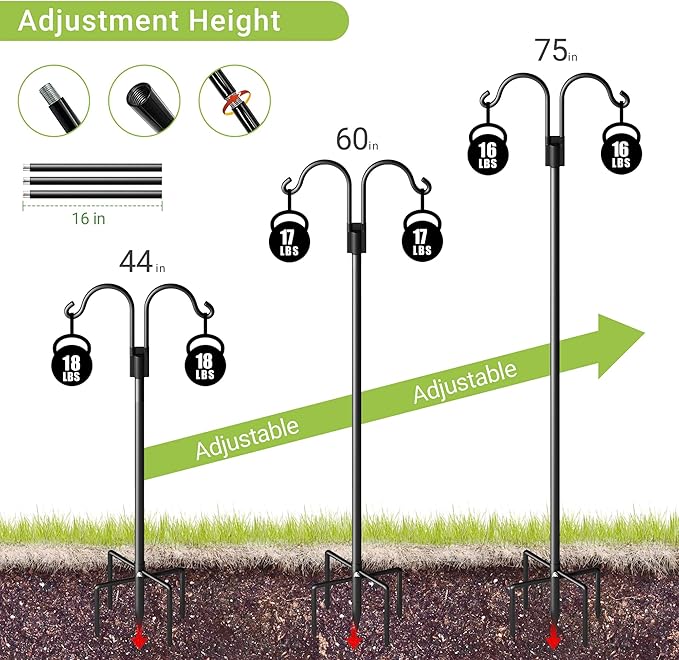 Double Shepherds Hooks for Outdoor, Heavy Duty Bird Feeder Pole with 5 Prong Base, Adjustable Shepards Hook for Outside, Garden, Weddings, Hanging Plant, 2 Pack