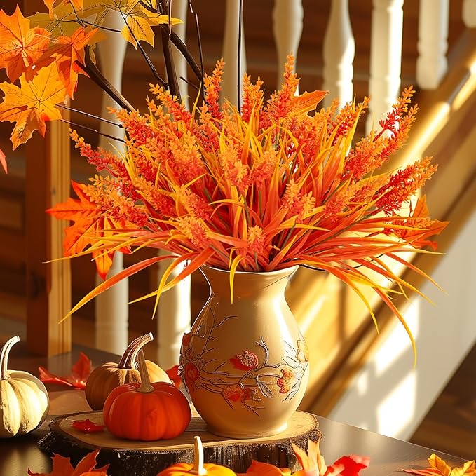 Artificial Fall Flowers for Outdoor Plants 24 Bundles Fake Lavender Plastic Faux Monkey Grass for Verandah Window Garden Office Patio Front Porch UV Resistant for Planter(Autumn Red)