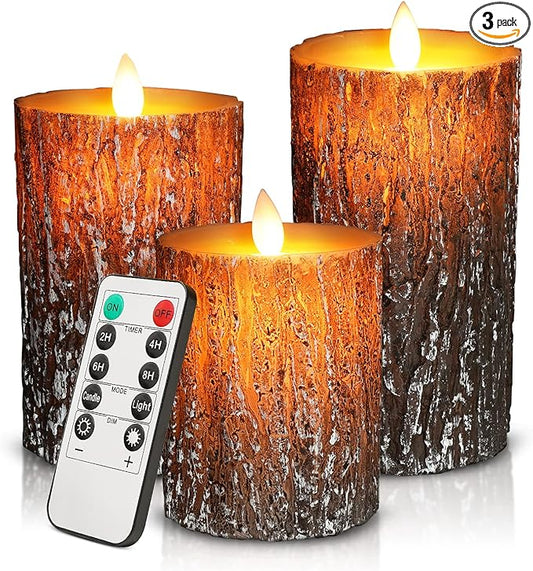 JOSU LED Flameless Candles Pine Bark Effect, Battery Operated Candles with Remote Control, LED Fake Candles, 4" 5" 6" Pack of 3, for Wedding Decor, Table Decor, Home Decoration Gifts (Pine Bark)