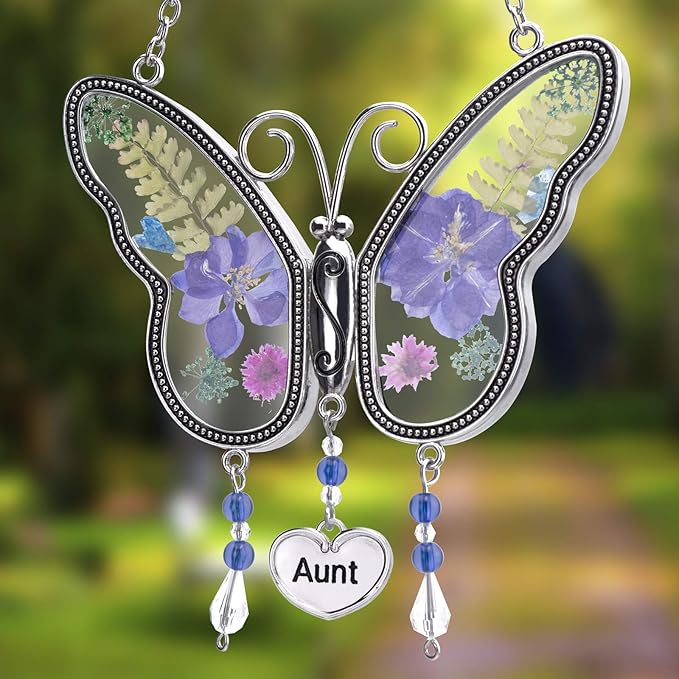 Laraine Butterfly Suncatcher with Pressed Flower Wings Mom Mother's Day Butterfly Glass Wind Chime Ornament Charm with Metal Heart Gifts for Mom Grandma Aunt Birthday (Purple Aunt (with Free Hook))