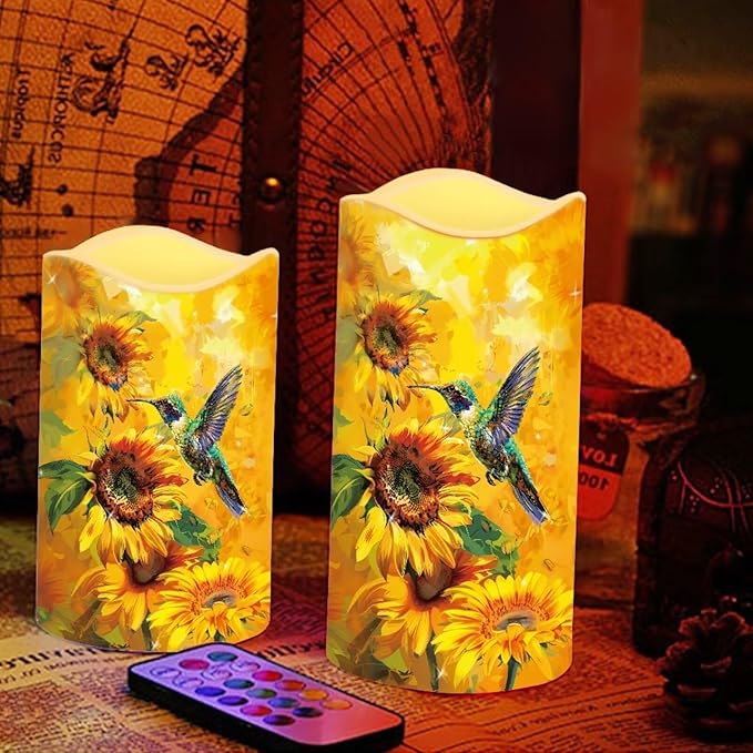 Ystardream Flameless Candle Valentine Candles Hummingbird Unity Candles for Wedding Ceremony Set with Remote and Timer Battery Operated Realistic LED Window Candles Dinner Wedding Sunflower Print