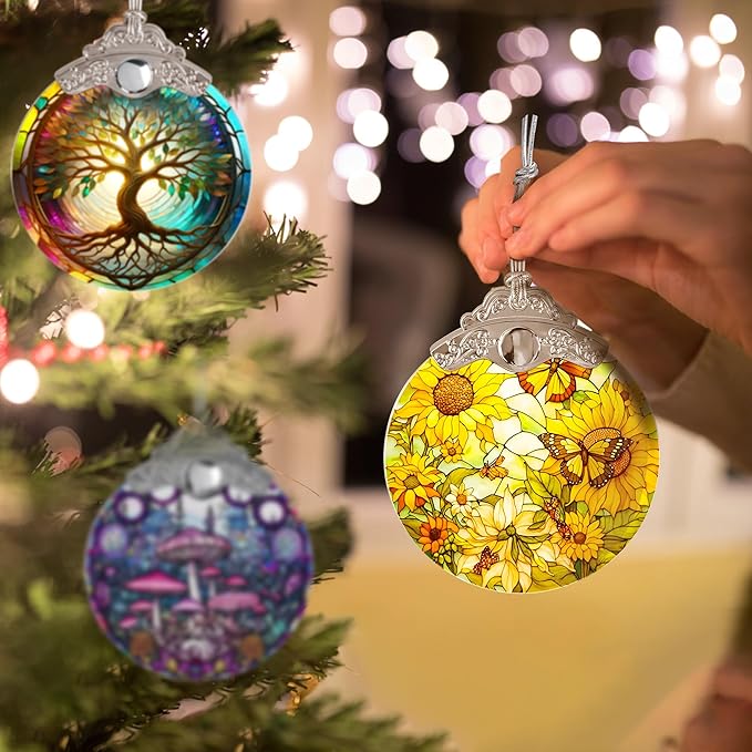 Stained Glass Suncatcher, Jocidea Sunflower and Butterfly Decor, Christmas Ornament, Holidays Ornaments, Christmas Tree Ornament, Sunflower and Butterfly Gifts
