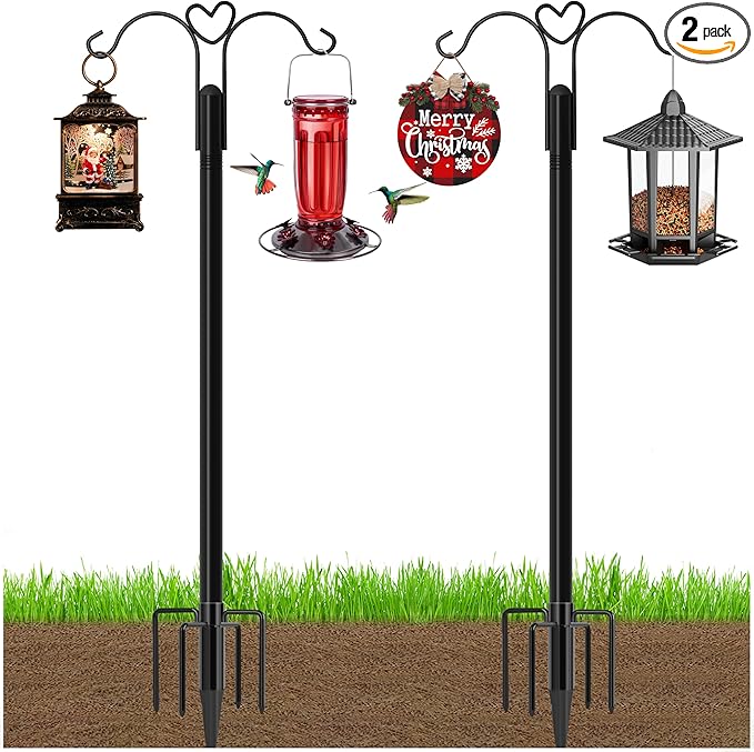 Ottsuls Bird Feeder Pole, 2 Pack 92 INCH Double Shepherds Hooks for Outdoor, with 5 Base Prongs Heavy Duty Tall Garden Planter Hooks for Hanging Flower Basket, Lantern, Hummingbird Feeder