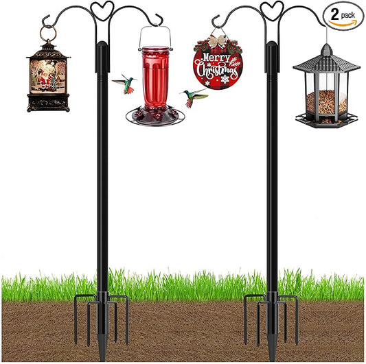 Ottsuls Bird Feeder Pole, 2 Pack 92 INCH Double Shepherds Hooks for Outdoor, with 5 Base Prongs Heavy Duty Tall Garden Planter Hooks for Hanging Flower Basket, Lantern, Hummingbird Feeder