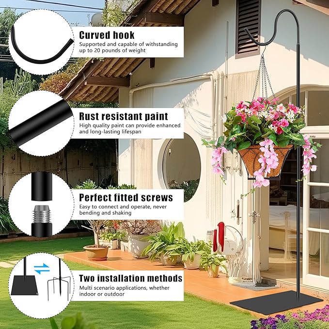 2 in 1 Hummingbird Feeder Stand, Adjustable 20-63 Inch Shepherds Hook for Outdoor Indoor, Wind Chime Stand Bird Feeder Pole with Base, 4 Prongs Base, Water Weight Bag(Wind Chime Not Include)