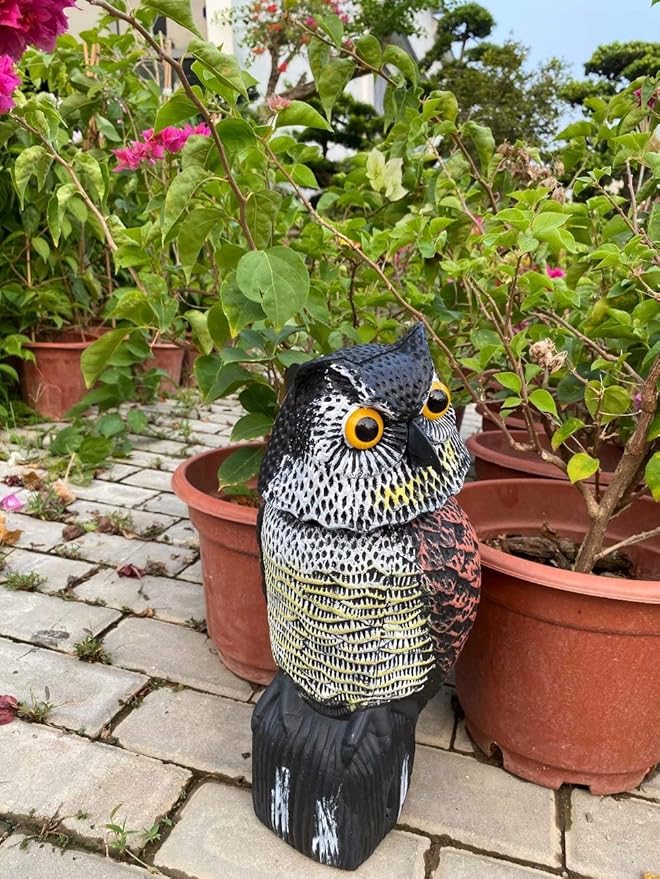 Owl Decoy 360 Rotate Head, Scarecrow Fake Owls Natural Enemy Realistic Owls to Scare Birds Away