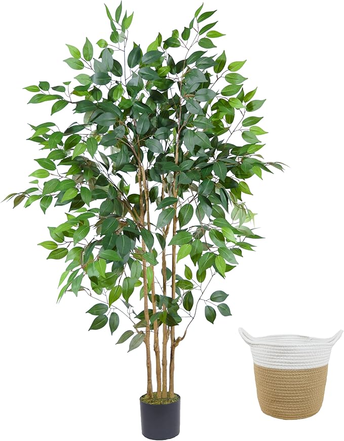 Artificial Ficus Tree, 5ft Tall Silk Fake Ficus Leaves Plant with Basket, Indoor Outdoor Faux Greenery Tree for Home Garden Office House Livingroom Décor