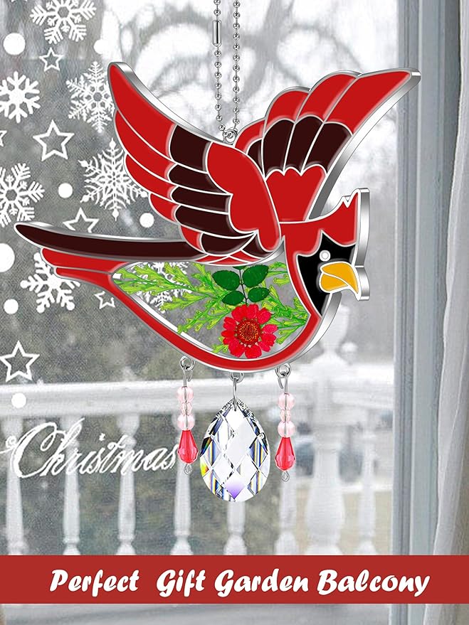 KY&BOSAM Cardinal Suncatcher Crystal Had Painted Glass Sun catchers Hangings for Windows Ornament with Pressed Real Flower and Heart Charm Birthday Gifts for Women Mom Mother's Day Christmas Mom Gifts