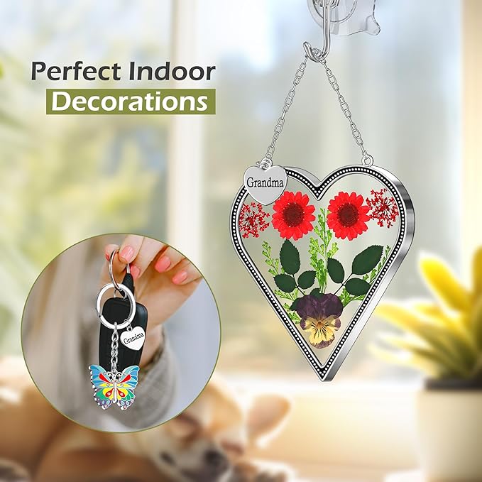 KY&BOSAM Heart Suncatcher Grandma Gifts Glass Butterfly Suncatchers for Window Pressed Flower Between Heart in Glass Metal Engraved Charm Gift for Women Mother's Day Valentine's Birthday Christmas