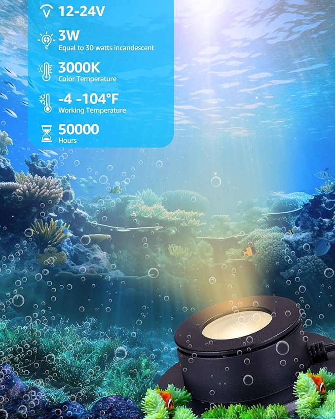 SUNVIE 3W Pond Lights LED Underwater 12-24V AC/DC Low Voltage Fountain Lights LED Underwater 3000K Warm White IP68 Waterproof Underwater Pond Lights for Outdoor Ponds Fountains Waterfalls, 2 Pack