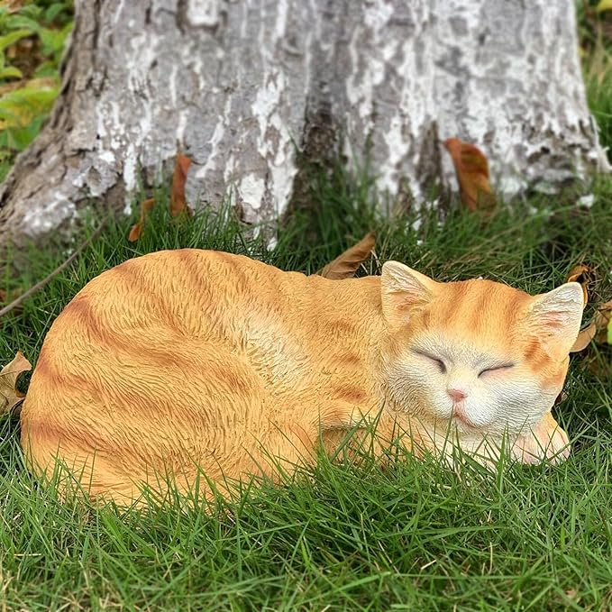Sleeping Cat Statue Garden Decor, Outdoor Cat Sculpture & Figurine Lawn Ornament, Orange Tabby Statue for Patio, Lawn, Yard Decorative, Cute Kitten Garden Decor Outside Statue