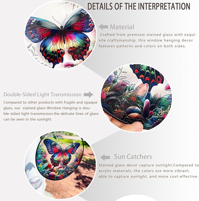 RIVEENY Butterfly Stained Glass Window Hangings, 8" Monarch Butterfly Hanging Stained Glass for Windows, Sun Catcher Garden Hangings Christmas Mother's Day, Valentine's Day Ornaments Festival Gift