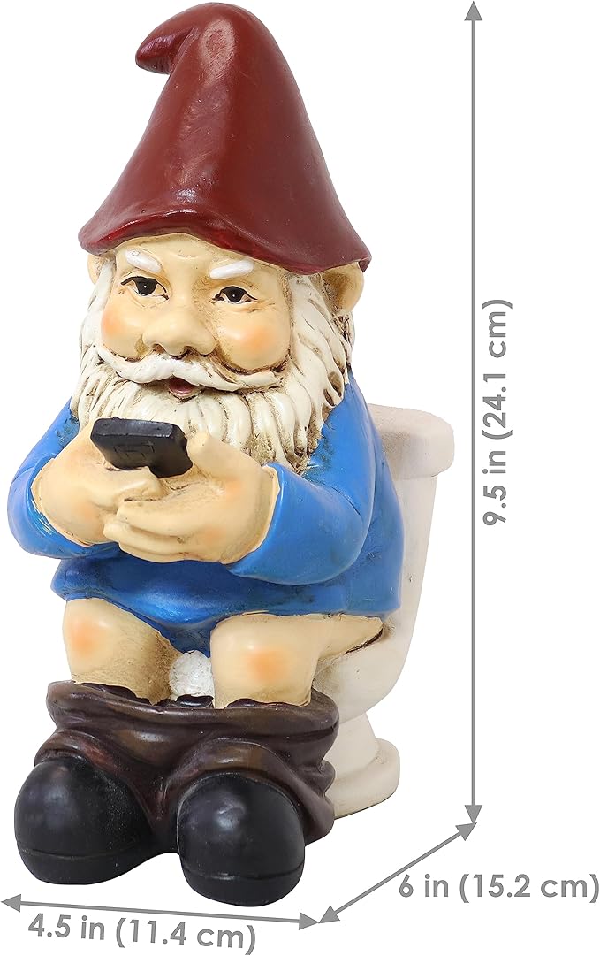 Sunnydaze 9.5-Inch Cody The Garden Gnome on The Throne Reading His Phone - Funny Lawn Decoration