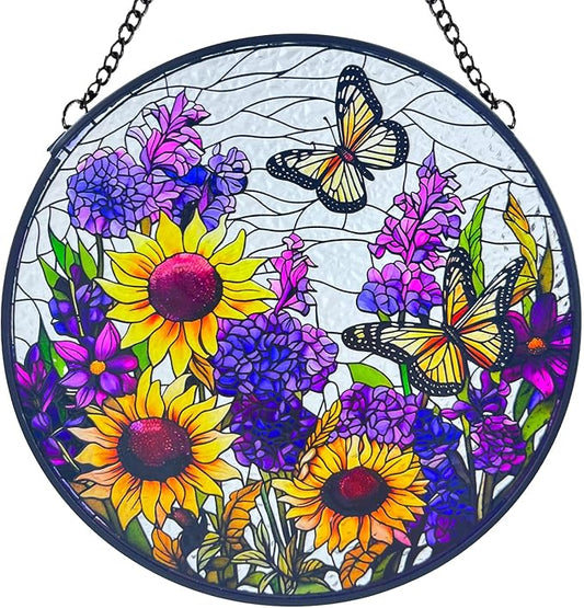Butterfly Sunflower Stained Glass Suncatchers - Handcrafted Round Glass Art for Windows & Doors Décor - Decoration for Home Garden Christmas Party Wedding Housewarming Gifts