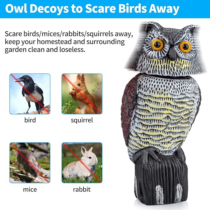 Owl Decoys to Scare Birds & Squirrels Away, 360 Rotating Head, Plastic Garden Owls for Indoor/Outdoor Use