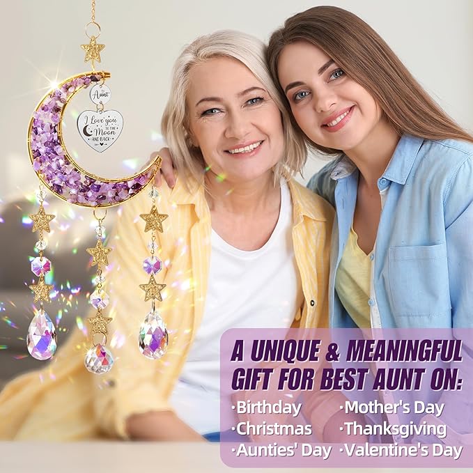 Aunt Gifts from Niece Nephew, Aunt for Auntie Gifts, Best Aunt Ever Gift Aunt Birthday Gifts for Auntie, Unique Auntie Gifts for Women Moon Crystal Suncatcher for Windows Hanging