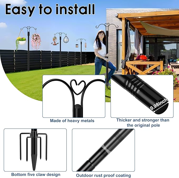 Ottsuls Bird Feeder Pole, 2 Pack 108 INCH Double Shepherds Hooks for Outdoor, with 5 Base Prongs Heavy Duty Tall Garden Planter Hooks for Hanging Flower Basket, Lantern, Hummingbird Feeder