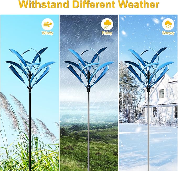 LimeHill Wind Spinner for Yard and Garden - Large Metal Kinetic Wind Sculptures for Outdoor Decorations (Blue Lotus 2)