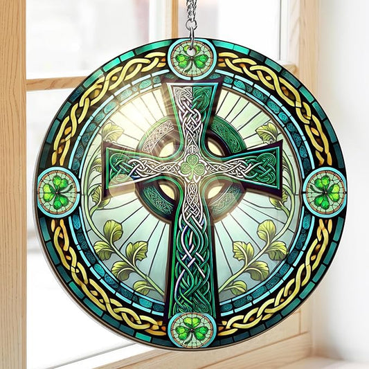 St Patricks Day Decorations - Irish Gifts for Men Women Friends Family, St Patricks Day Accessories, Celtic Cross Home Decor - Double Layered Hanging Suncatcher 8 in